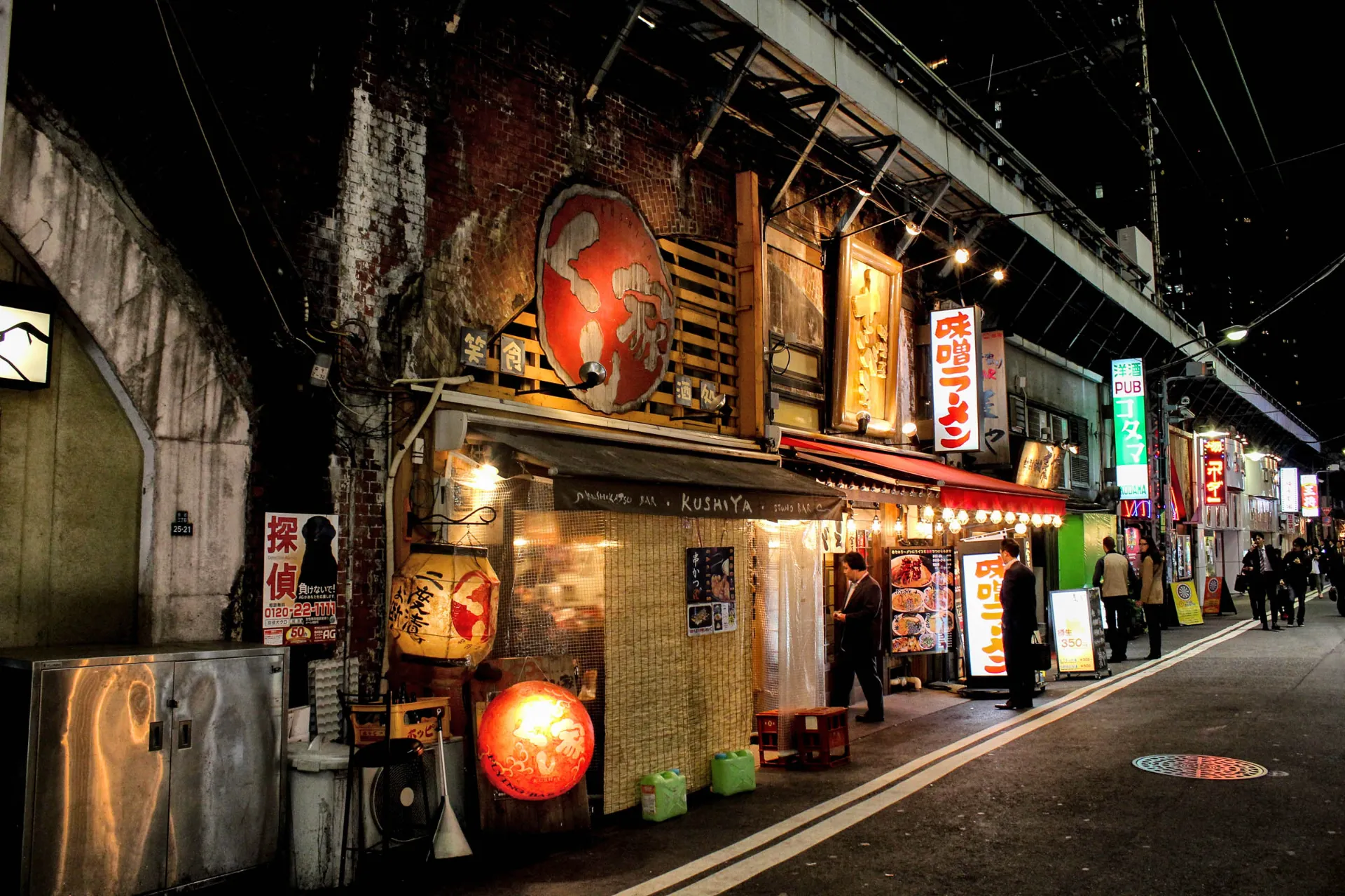 Klimatyczna ulica w Tokio z autentycznymi, kameralnymi restauracjami pod torami kolejowymi Klimatyczna ulica w Tokio z autentycznymi, kameralnymi restauracjami pod torami kolejowymi