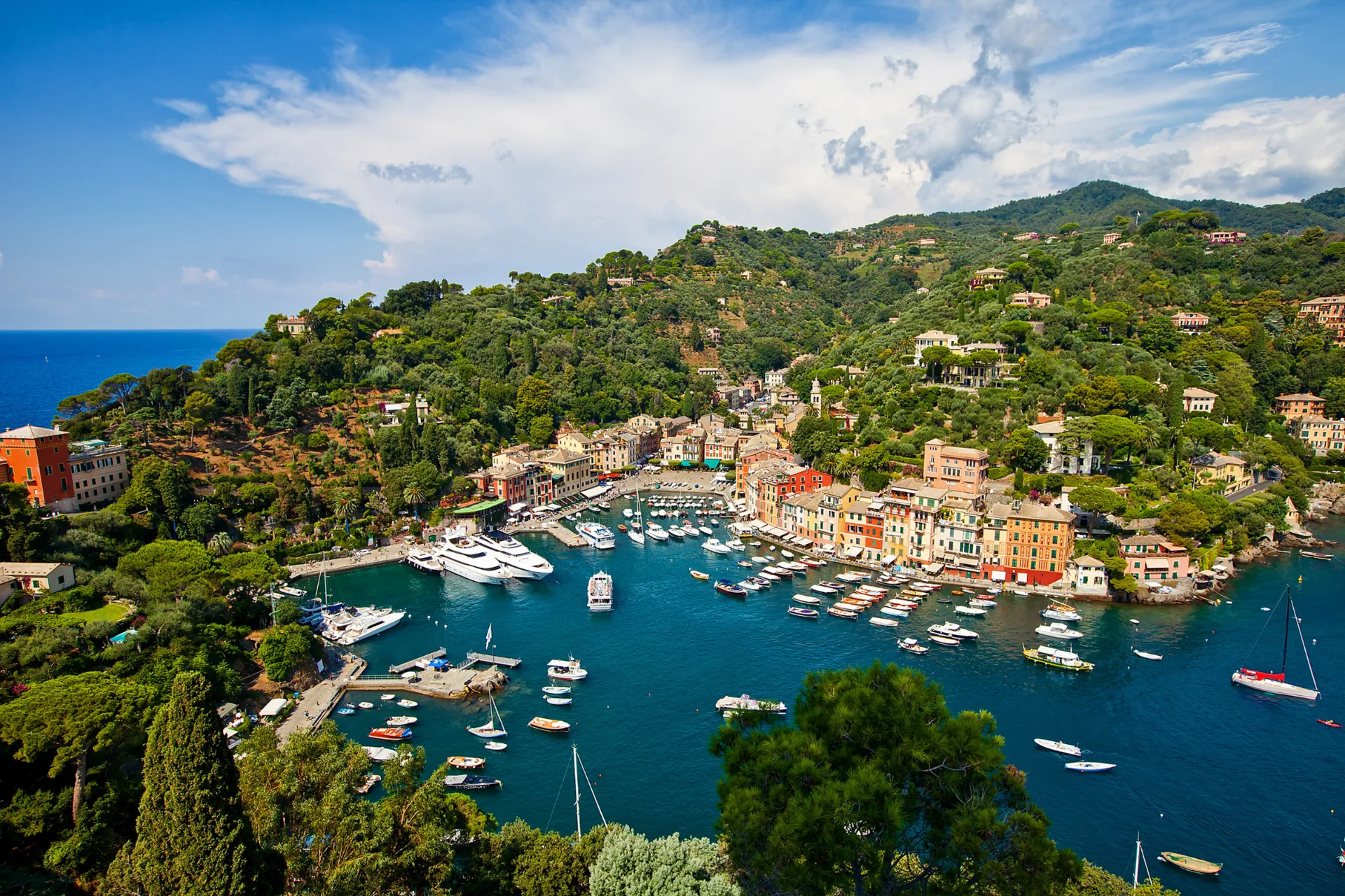 Widok na Portofino z mariną i kolorowymi domami