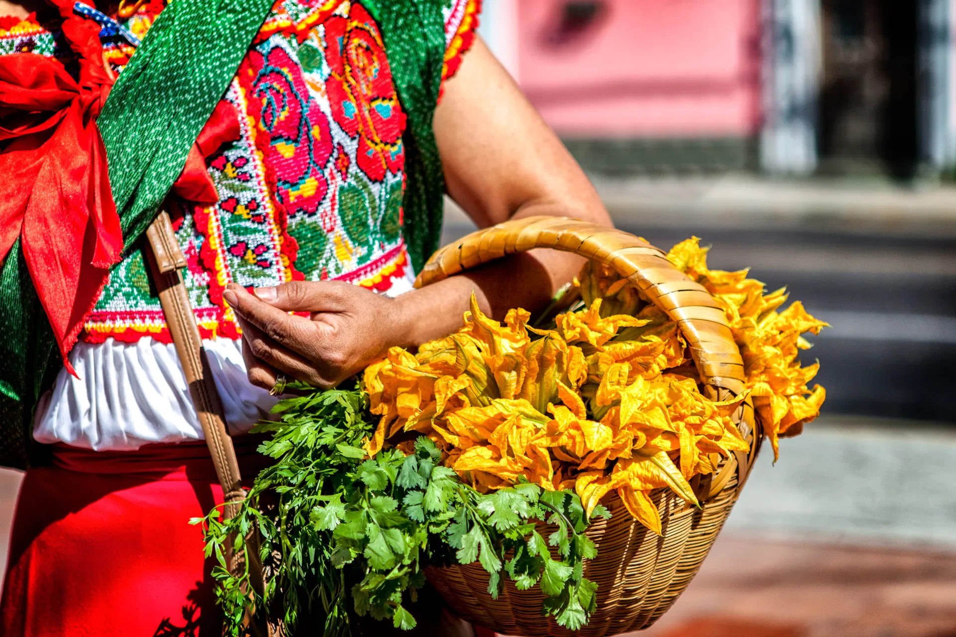 Kosz pełen kwiatów cukinii i świeżej kolendry Kosz pełen kwiatów cukinii i świeżej kolendry