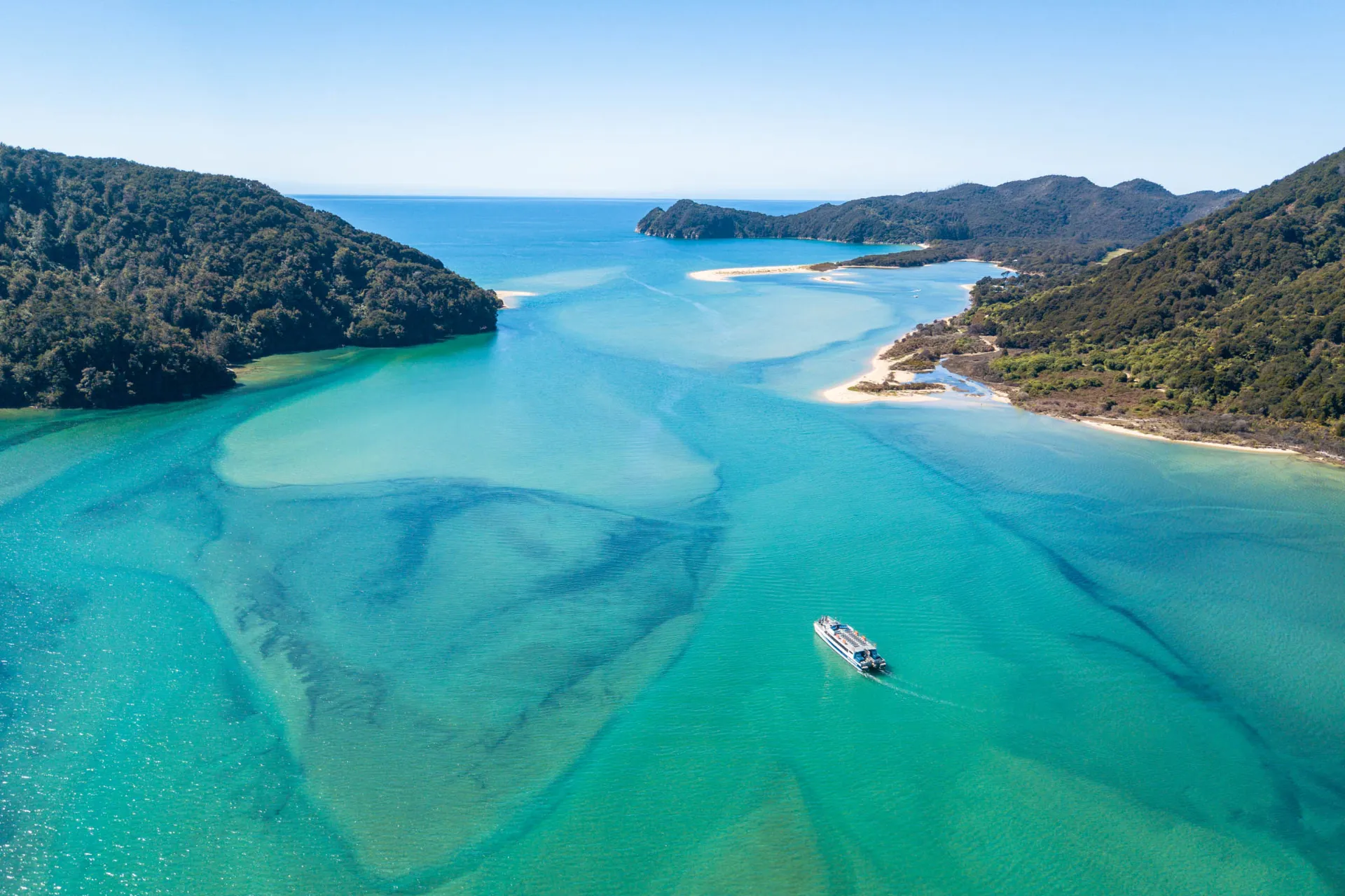 Abel Tasman National Park z krystalicznie czystą wodą i złotymi piaszczystymi plażami Abel Tasman National Park z krystalicznie czystą wodą i złotymi piaszczystymi plażami