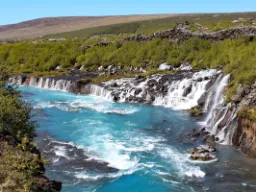 Hraunfossar ma widok na lodowiec Langjökull Hraunfossar ma widok na lodowiec Langjökull