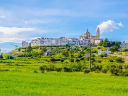 Urocze Locorotondo z widokiem na winnice i gaje oliwne