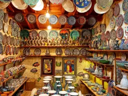 Sklep z kolorowymi, ręcznie malowanymi talerzami ceramicznymi, misami i wazami w przytulnej, rustykalnej atmosferze