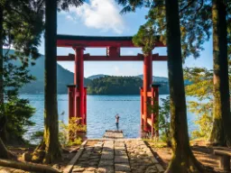 Brama torii świątyni Hakone nad jeziorem Ashi Brama torii świątyni Hakone nad jeziorem Ashi