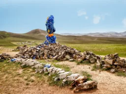 Ovoo – mongolski ołtarz kamienny, używany w rytuałach szamańskich i buddyjskich Ovoo – mongolski ołtarz kamienny, używany w rytuałach szamańskich i buddyjskich