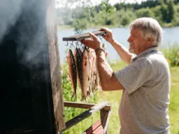 Świeżo złowiona ryba nad brzegiem jeziora przygotowywana do wędzenia Świeżo złowiona ryba nad brzegiem jeziora przygotowywana do wędzenia