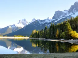 Ośnieżone góry i las odbijają się w spokojnym jeziorze koło Canmore, Alberta Ośnieżone góry i las odbijają się w spokojnym jeziorze koło Canmore, Alberta