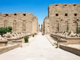 Aleja wejściowa do świątyni w Karnaku flankowana przez tzw. sfinksy z baranimi głowami Aleja wejściowa do świątyni w Karnaku flankowana przez tzw. sfinksy z baranimi głowami