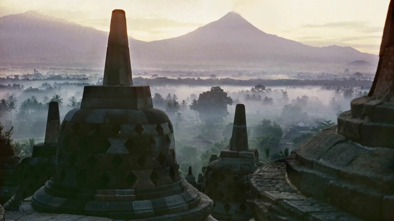 Wschód słońca przy świątyni Borobudur na Jawie