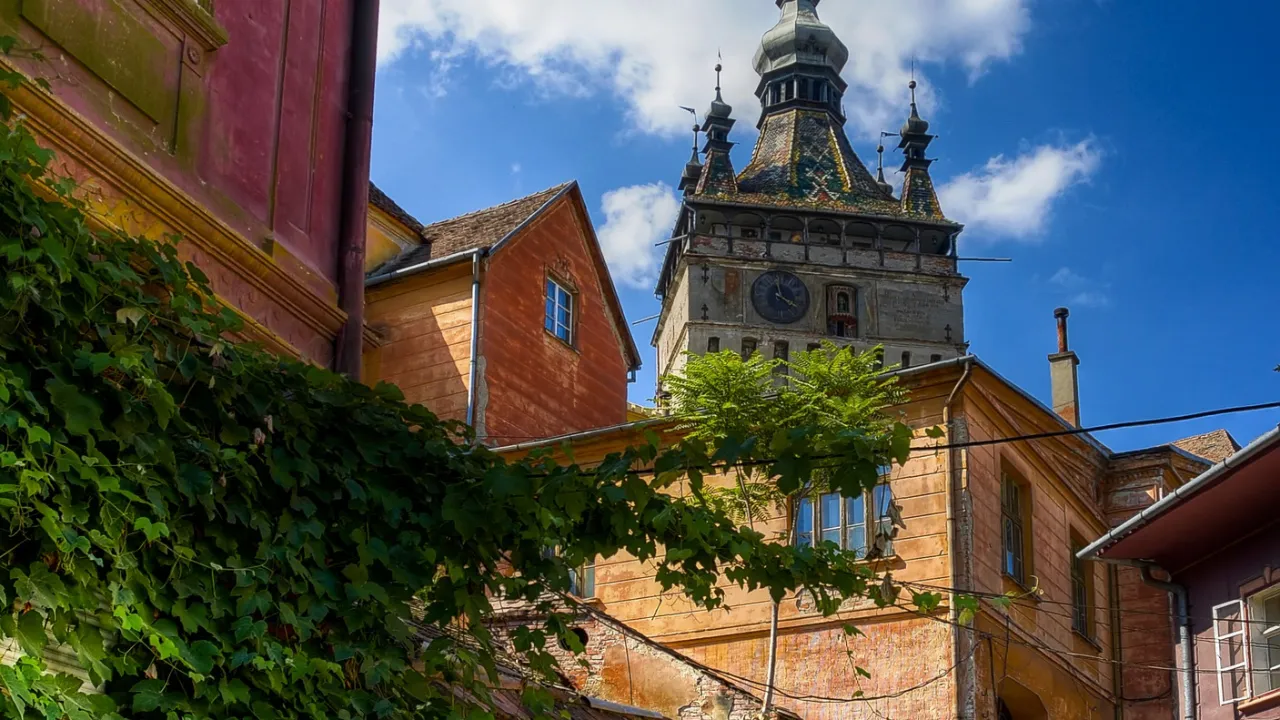 Brukowana ulica w Sighișoara z widokiem na kultową wieżę zegarową