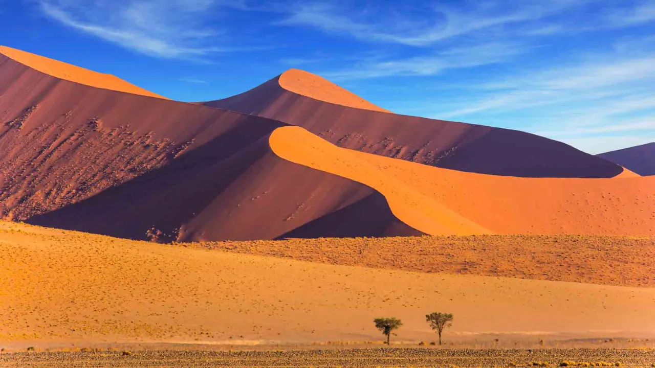 Słynne czerwone wydmy w Sossusvlei na pustyni Namib mogą osiągać do 400 m wysokości Słynne czerwone wydmy w Sossusvlei na pustyni Namib mogą osiągać do 400 m wysokości