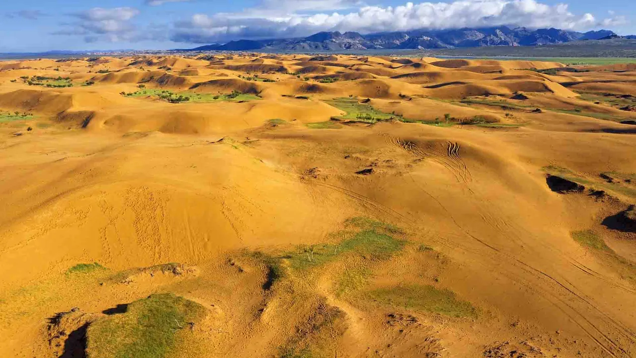 Wydmy Elsen Tasarkhai w Mongolii – znane jako „Mini-Gobi” z połączeniem pustyni i stepu